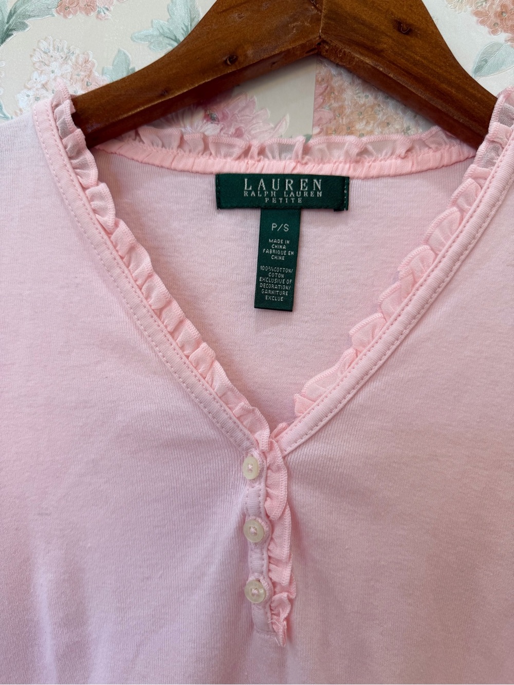 Ralph Lauren Pink Ruffle-Trim Henley Tee - Picture 2 of 4